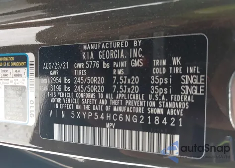 2022 Kia Telluride Sx z USA, uszkodzony, nr VIN 5XYP54HC6NG218421